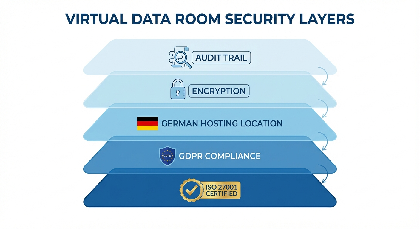 docuKI-Chat im Datenraum: Vorteile, Beispiele und Nutzen für Due Diligence 2026 3 Sicherheitsarchitektur docuKI-Chat - ISO 27001 zertifiziert DSGVO-konform Hosting Deutschland