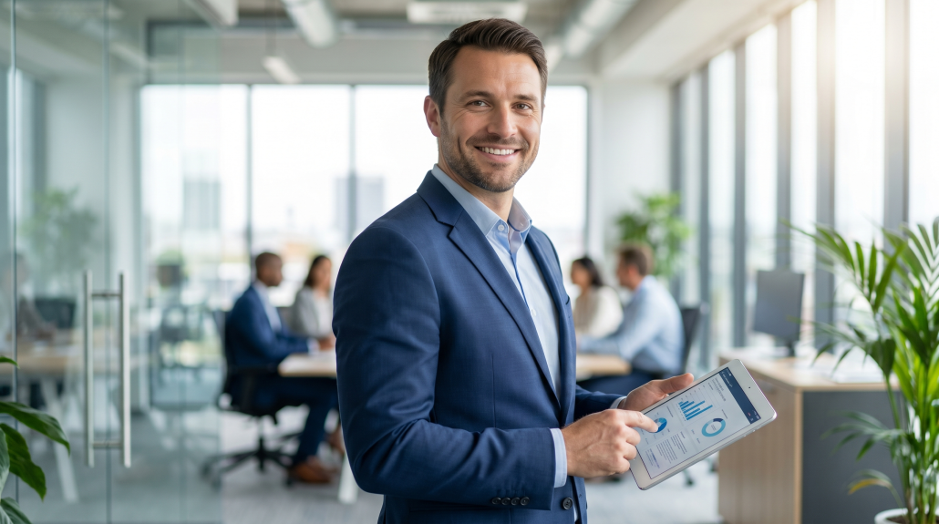 dokumentenmanagement-businessmann-tablet-blickkontakt Dokumentenmanagement Businessmann Tablet Blickkontakt