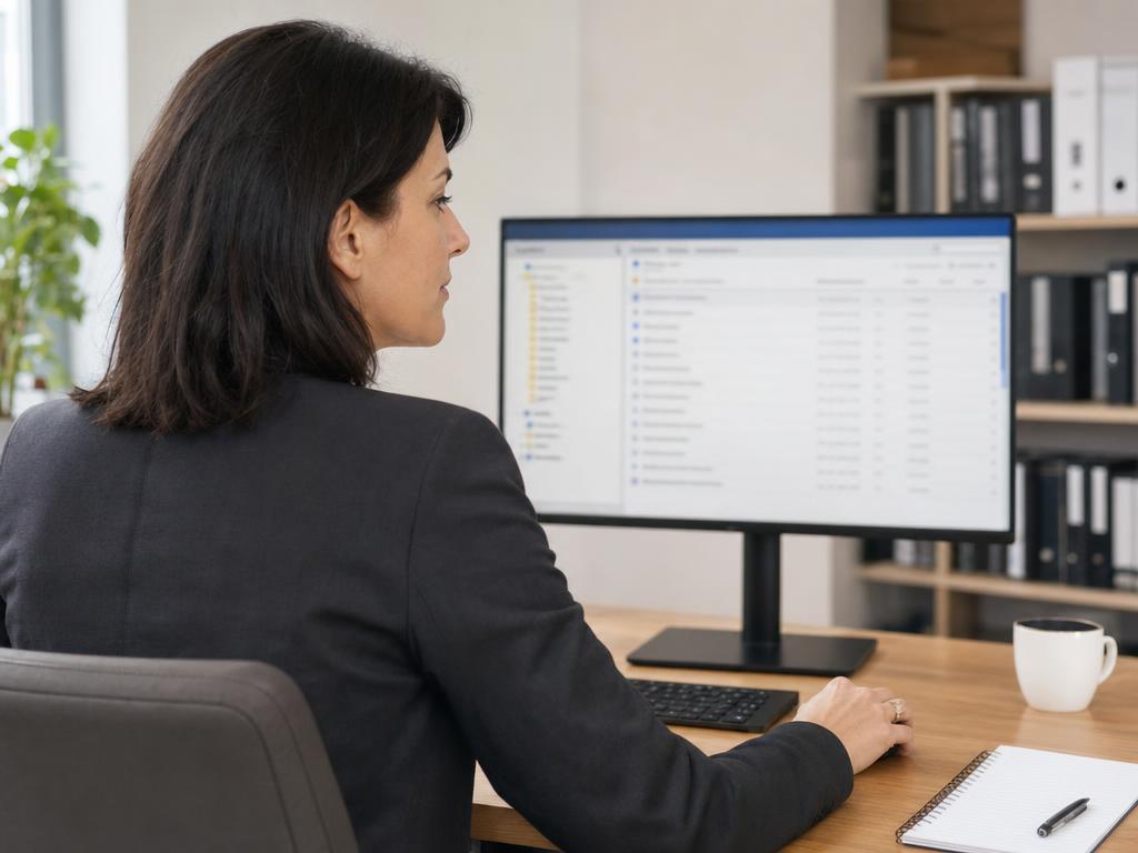 Einfache Bedienbarkeit – Dokumentenübersicht am Bildschirm Anwenderin am Schreibtisch, auf dem Monitor die Ordner- und Dokumentenübersicht des docurex® Datenraums