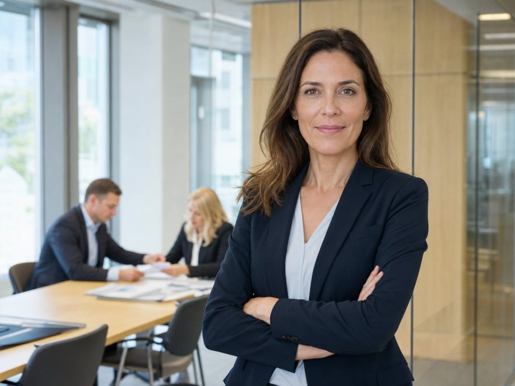 datenraum-beraterin-besprechungsraum Erfahrene Datenraum-Beraterin im Besprechungsraum, Kolleginnen und Kollegen bei der Arbeit im Hintergrund