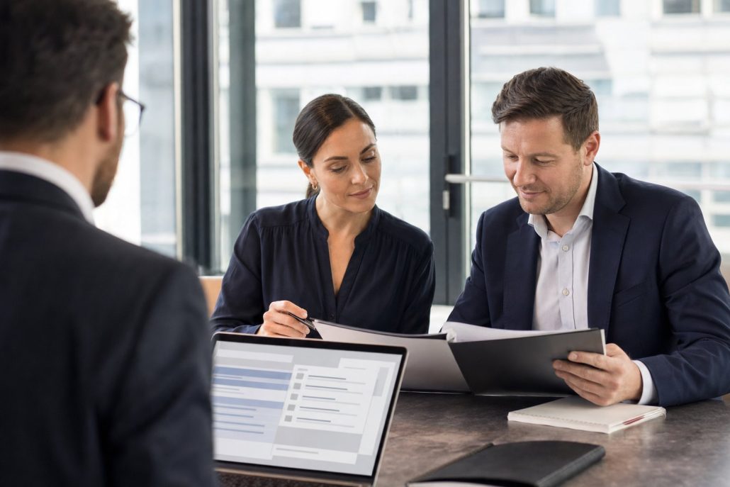 Zwei Berater prüfen gemeinsam Transaktionsunterlagen, daneben der docurex® Datenraum am Bildschirm