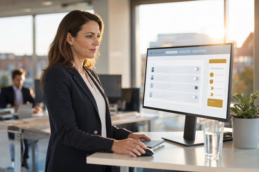 Due Diligence mit docurex® – Zugriffsrechte im Datenraum Verantwortliche richtet am Bildschirm die Zugriffsrechte für die Due Diligence im docurex® Datenraum ein