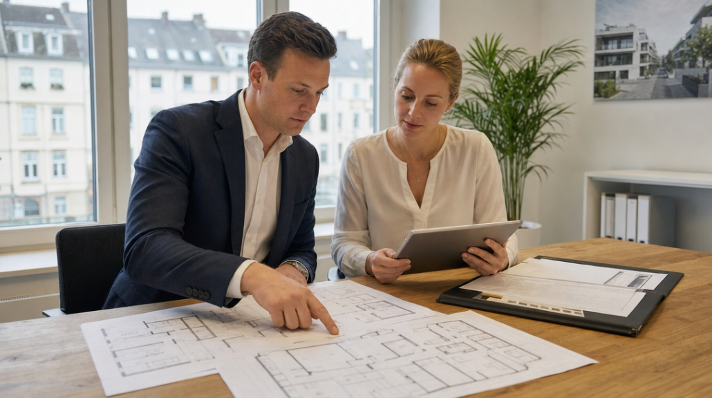immobilien-objektakte-grundriss-pruefung Zwei Immobilienfachleute prüfen Grundrisse und Objektunterlagen am Besprechungstisch