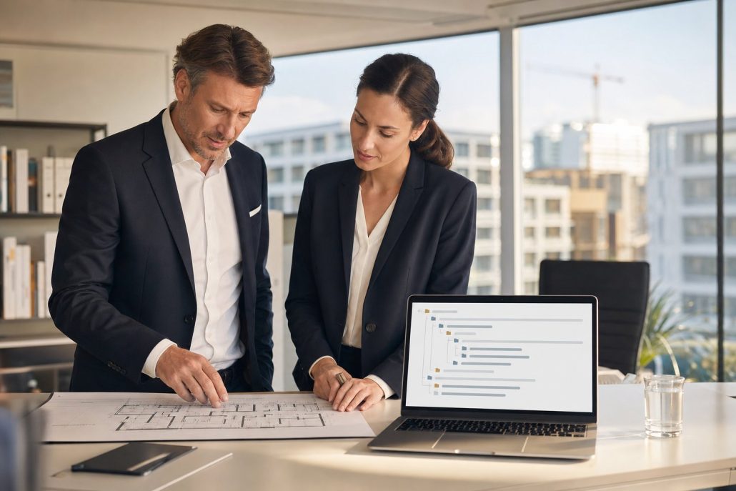 Immobilienmanagement mit docurex® – Objektunterlagen prüfen Zwei Immobilienfachleute prüfen Grundriss und Objektakte im docurex® Datenraum