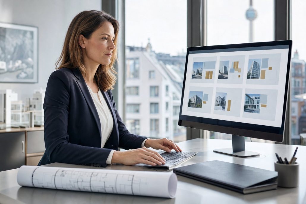 Immobilienmanagement mit docurex® – Portfolio-Übersicht am Bildschirm Portfoliomanagerin prüft am Bildschirm die Objektübersicht ihres Immobilienportfolios im docurex® Datenraum
