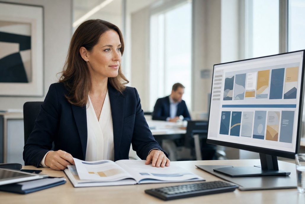 Investor Relations mit docurex® – Geschäftsbericht und Datenraum Verantwortliche für Finanzkommunikation am Schreibtisch mit gedrucktem Geschäftsbericht und den Unterlagen im docurex® Datenraum