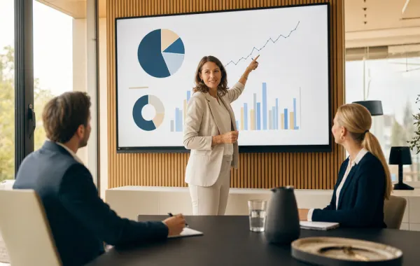 Beraterin präsentiert eine Portfolio-Auswertung im Investor-Relations-Gespräch