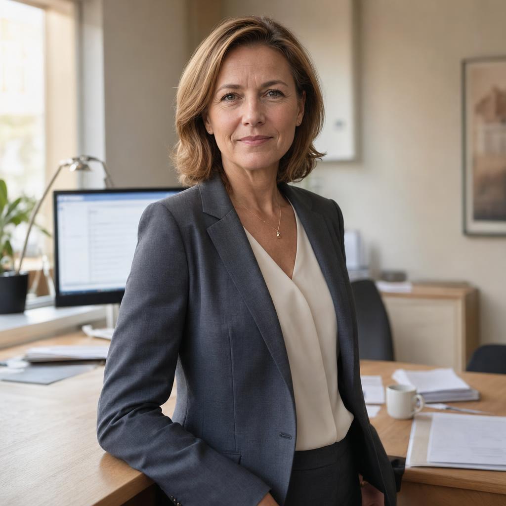docurex® KI-Datenraum – erfahrene Beraterin Erfahrene Beraterin im Büro, im Hintergrund ein Monitor mit der Dokumentenübersicht des docurex® Datenraums