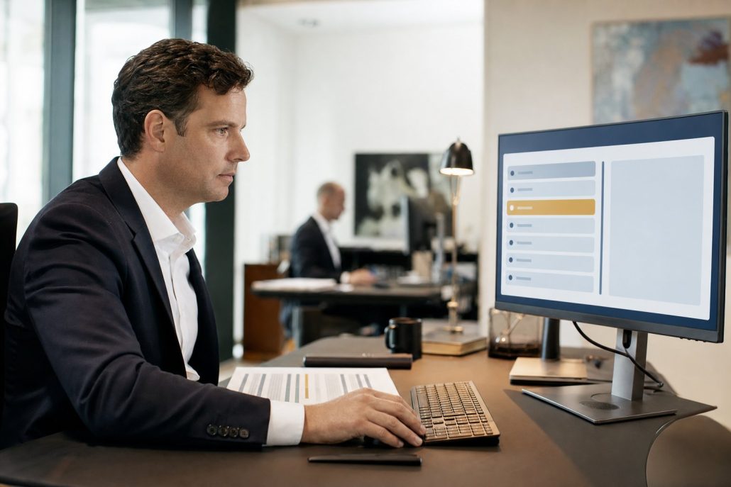M&A mit docurex® – Bieterfragen im Q&A-Modul Transaktionsverantwortlicher bearbeitet am Bildschirm die Fragen der Bieter im Q&A-Modul des docurex® Datenraums