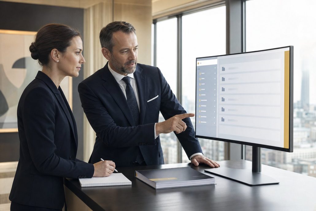 M&A mit docurex® – Transaktionsunterlagen im Datenraum Zwei M&A-Berater sichten am Bildschirm die Struktur des docurex® Datenraums für eine Transaktion