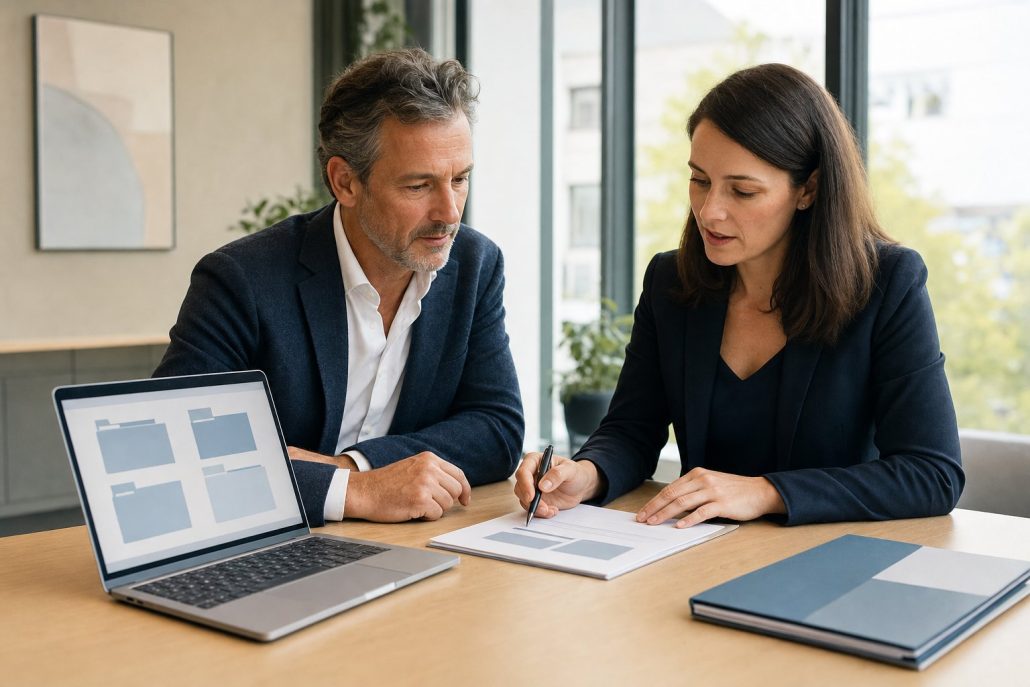 Unternehmensverkauf mit docurex® – Beratung zu den Verkaufsunterlagen Firmeninhaber und Beraterin besprechen die Verkaufsunterlagen, daneben der docurex® Datenraum am Bildschirm