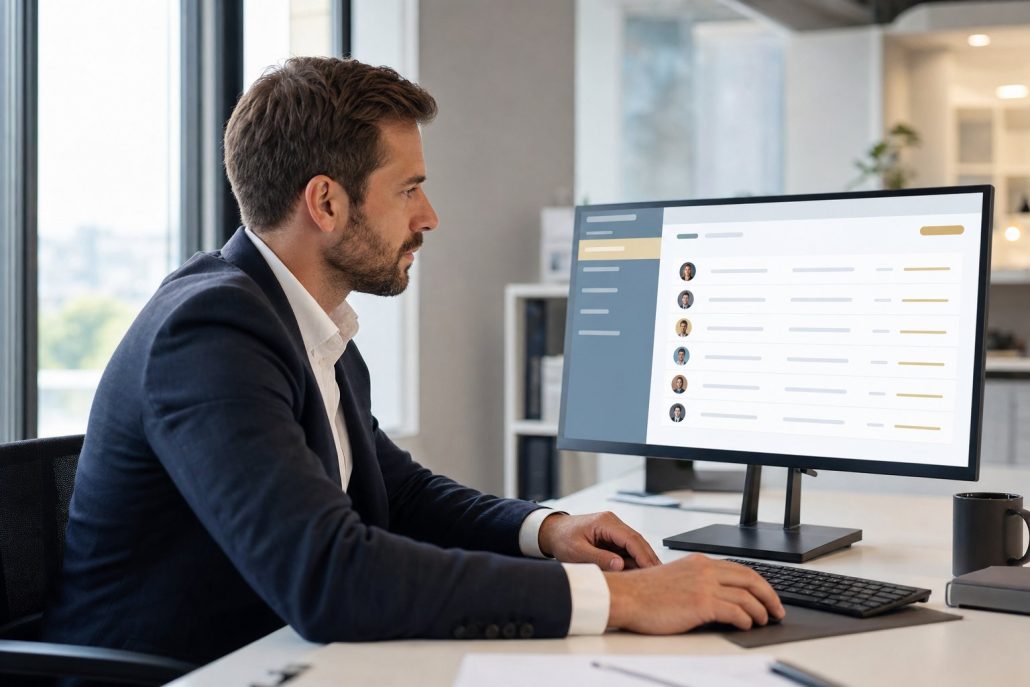 Unternehmensverkauf mit docurex® – Zugriffsprotokoll im Datenraum Verantwortlicher prüft am Bildschirm das Zugriffsprotokoll des docurex® Datenraums